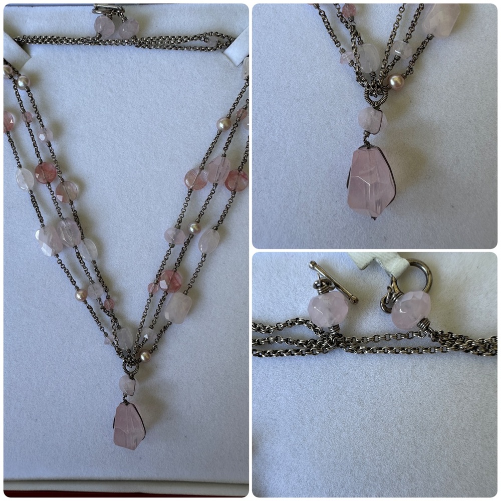 Neiman Marcus Sterling Silver Quartz Pink Pearl Beaded Statement Necklace Toggle